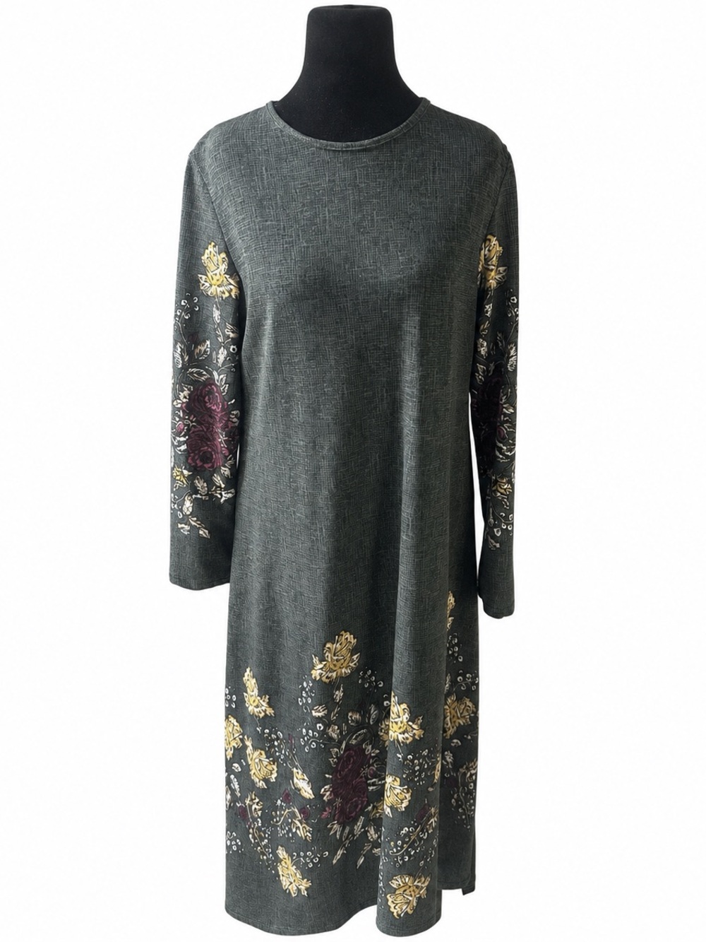 Zenane Size 38 Charcoal Floral Long Sleeve Midi Dress